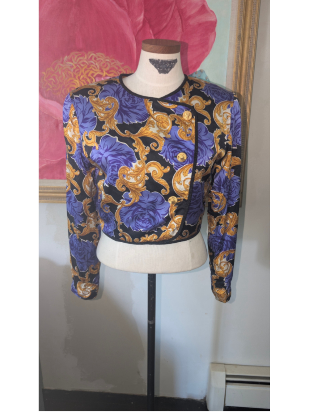 Morgan Taylor evening silk Baroque Print Cropped Jacket, Size M, Black/Purple